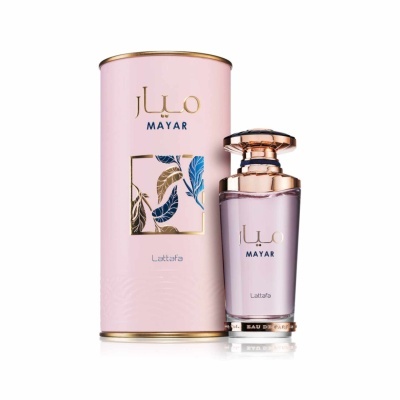 frasco e embalagem de perfume Mayar da Lattafa em rosa claro com detalhes dourados