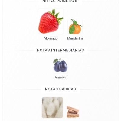 Notas principais morango e mandarina, nota intermediária ameixa, notas básicas almíscar e sândalo