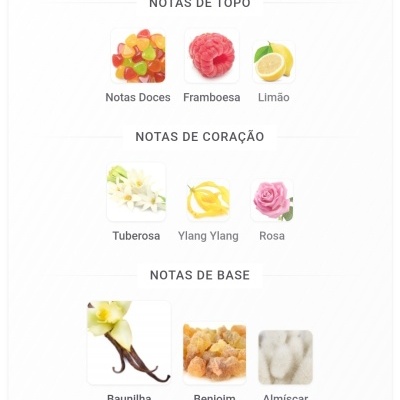 Notas de topo, coração e base de perfume com imagens de frutas e flores e texto em português.
