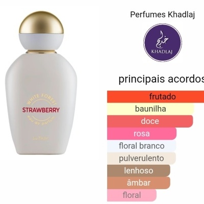 Frasco de perfume branco com tampa dourada, texto 'SHINE FOR YOU STRAWBERRY' e gráfico de acordes olfativos