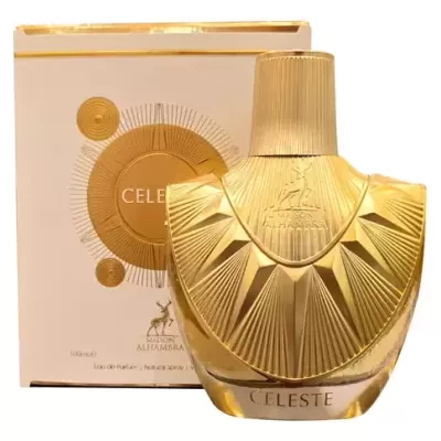 Frasco dourado de perfume Celeste com caixa branca e dourada
