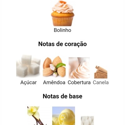 Bolinho com cobertura cor de rosa e descrição de notas de sabor em português