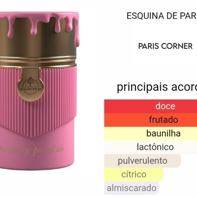 frasco rosa com tampa dourada e texto ESQUINA DE PARIS e lista de acordos de cor