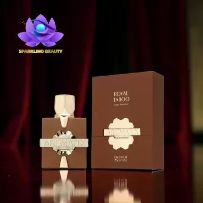 Frasco e caixa de perfume Aromatix Royal Taboo castanho com detalhes dourados