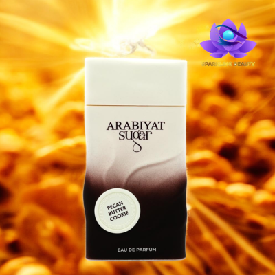 Frasco de perfume ARABIYAT SUGAR com etiqueta PECAN BUTTER COOKIE