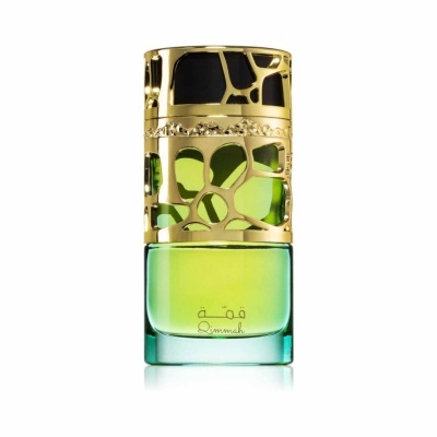 Frasco de perfume verde com tampa dourada decorativa