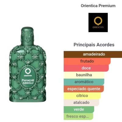 Frasco verde com relevo decorativo e lista de acordes aromáticos