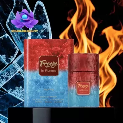 Frasco e caixa de perfume Freeze In Flames RiiFFS com design vermelho e azul, fundo de fogo e gelo