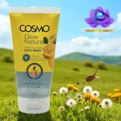 Gel facial COSMO Glow Natural com extrato de limão em embalagem amarela e branca