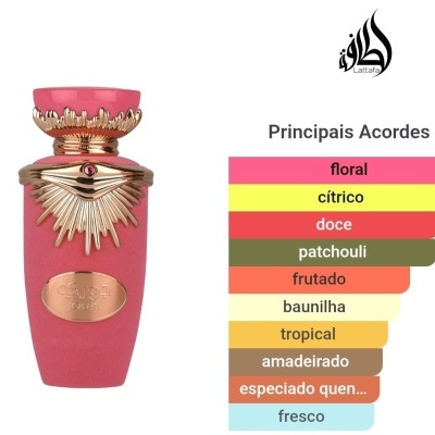 Frasco rosa de perfume com detalhes dourados e lista de acordes principais