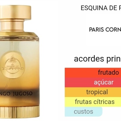 Frasco de perfume dourado e âmbar com texto e gráfico de acordes principais