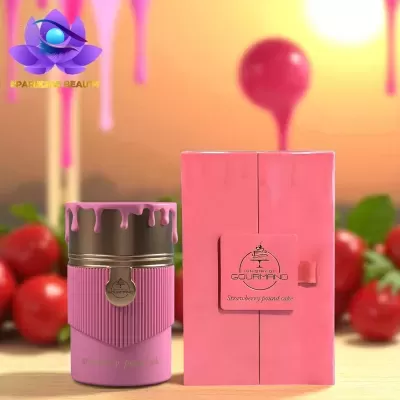 Frasco e caixa de cosmético rosa com morangos ao fundo