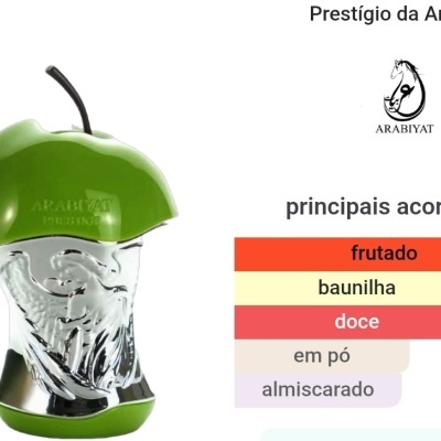 Frasco de perfume com tampa verde em forma de maçã e corpo de vidro com relevo de figura eqüestre.