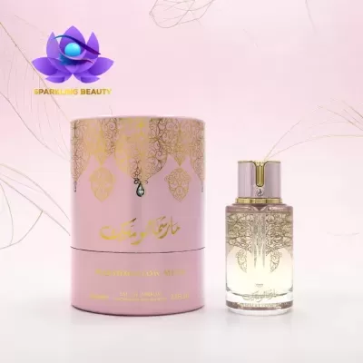 Frasco e caixa de perfume Marshmallow Musk em rosa e dourado