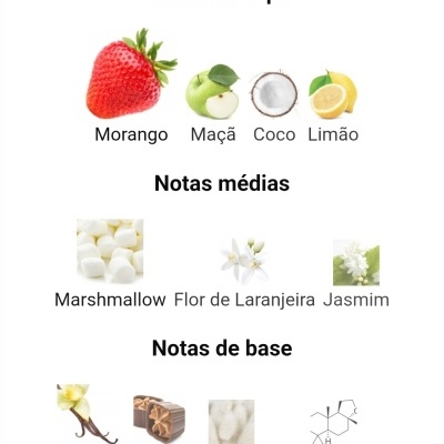 Notas olfativas de um produto divididas em topo, médias e base com imagens de frutas, flores e ingredientes.