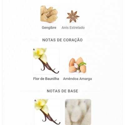Notas olfativas: gengibre, anis estrelado, flor de baunilha, amêndoa amarga, fava de baunilha, almíscar