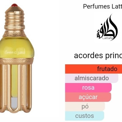 Frasco de perfume amarelo com tampa dourada e texto Perfumes Lattafa e acordes principais