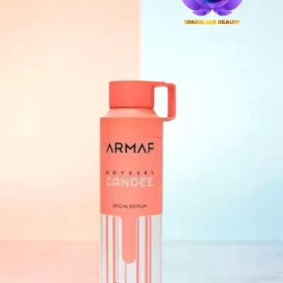 Frasco de perfume Armaf Odyssey Candee edição especial cor coral e creme com riscas verticais