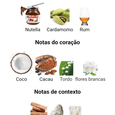 Notas olfativas principais, do coração e de contexto com imagens de Nutella, cardamomo, rum, coco, cacau, tordo, flores brancas, sândalo, âmbar e almíscar.