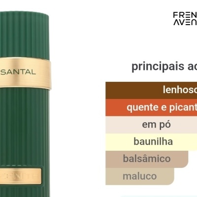 Frasco de perfume SANTAL verde com detalhes dourados e gráfico de acordes olfativos