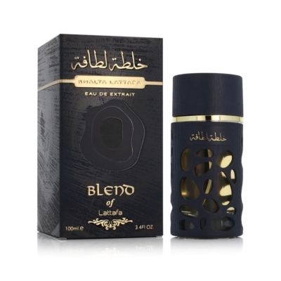 Embalagem e frasco preto com detalhes dourados de perfume Blend of Lattafa, 100 mL