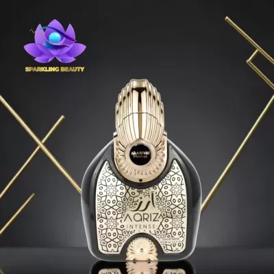 Frasco de perfume ARIZ INTENSE dourado e preto com padrão geométrico.