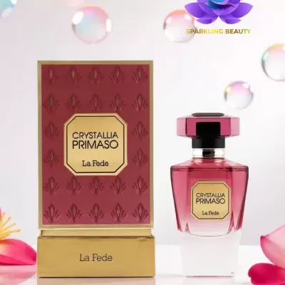 Frasco de perfume Crystallia Primaso La Fede com caixa vermelha e dourada