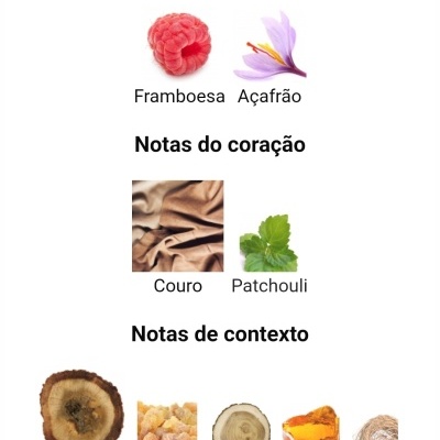 Notas principais Framboesa Açafrão notas do coração Couro Patchouli notas de contexto Oud Benjoim Guaíaco Âmbar Vetiver