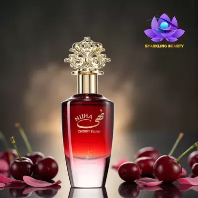 Frasco de perfume NUHA CHERRY BLUSH vermelho e branco com tampa dourada e cerejas em redor