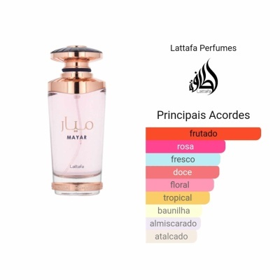 Frasco de perfume Lattafa MAYAR rosa claro com detalhes dourados e lista de principais acordes aromáticos