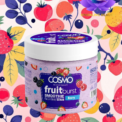 Esfoliante facial e corporal COSAVO fruitburst Berry em embalagem roxa com fotos de frutos