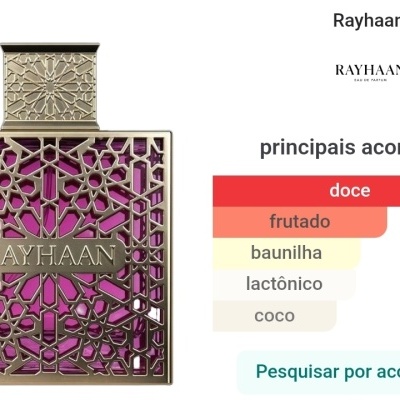 Frasco de perfume roxo com padrão metálico dourado e texto de acordos aromáticos