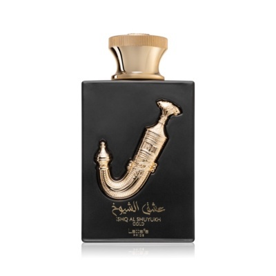 Frasco preto e dourado de perfume SHIQ AL SHUYUKH GOLD com desenho de cachimbo