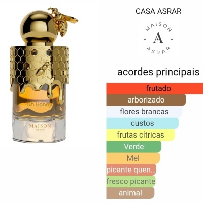 Frasco de perfume dourado com abelhas e padrões de colmeia e texto sobre acordes principais