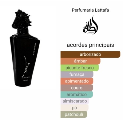 Frasco preto de perfume com tampa em forma de cavalo e tabela de acordes principais ao lado
