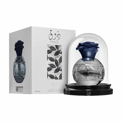 Frasco de perfume THUOC com tampa em forma de rosa azul e embalagem branca