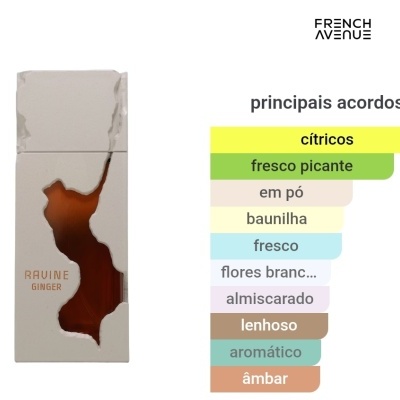 Frasco de perfume RAVINE GINGER e lista de acordes olfativos colorida