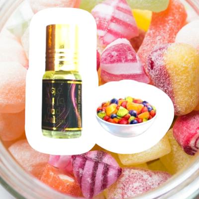 frasco de vidro com líquido amarelo e tigela branca com doces coloridos sobre guloseimas açucaradas