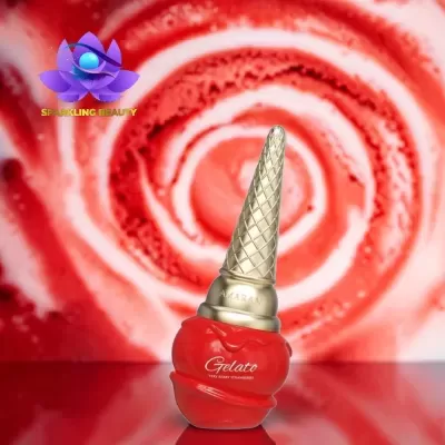 Frasco de verniz para unhas vermelho e dourado em forma de gelado.
