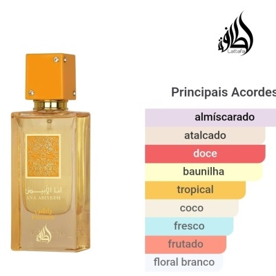 Frasco de perfume âmbar com tampa laranja e gráfico de acordes aromáticos