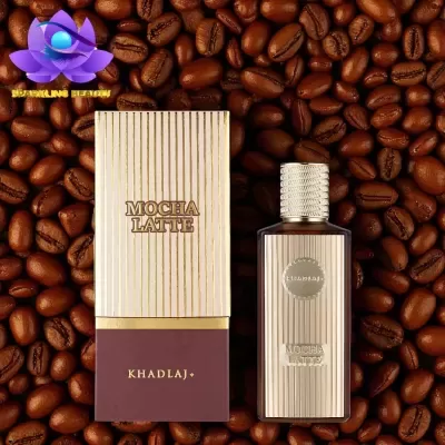 Perfume Khadiaj Mocha Latte com caixa sobre grãos de café