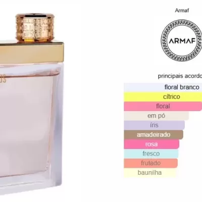 Frasco de perfume Armaf vidro rosa claro e tampa dourada com texto e lista de fragrâncias