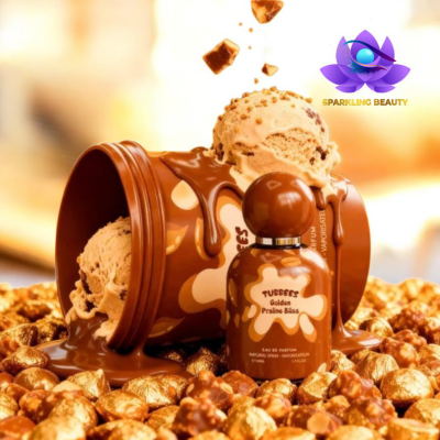 Frasco de perfume TUBBEES Golden Praline Bliss com caramelo e gelado castanho claro