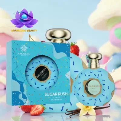 Perfume Sugar Rush Its Bliss em frasco azul claro com confetes e embalagem correspondendo ao frasco