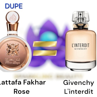 Duas garrafas de perfume lado a lado, Lattafa Fakhar Rose e Givenchy L'interdit
