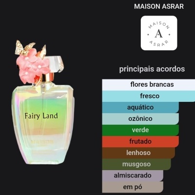 Frasco de perfume Fairy Land com decoração de flores e borboletas, fundo negro e texto sobre acordos olfativos.