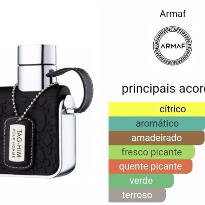Frasco de perfume TAG HIM TONIC EDT prateado e preto com etiqueta pendurada e lista de principais acordos aromáticos