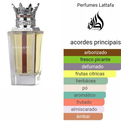 Frasco de perfume Dynasty com tampa em forma de coroa e lista de acordes principais do perfume