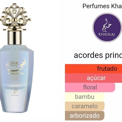 Frasco azul claro de perfume Nuha Vanilla Pearl com tampa dourada e gráfico de acordes principais ao lado.