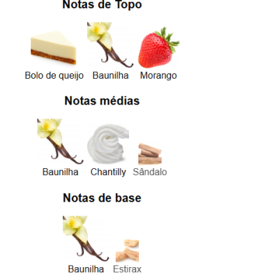 Notas olfativas de topo, médias e base com imagens e texto em português